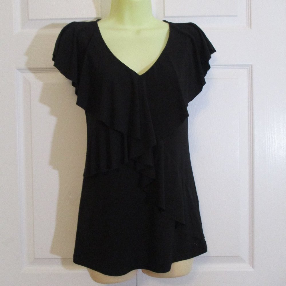 V-Neck Ruffled Knit Top Cap Sleeves Crochet Rear Detail
